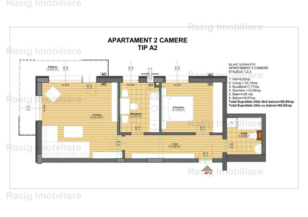  2 camere Tip A2 , decomandat , etaj 3 , Comision 0% 