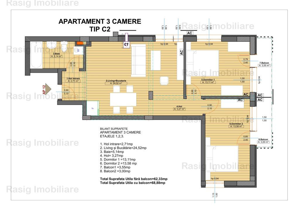  3 camere Tip C2 , etaj 2 , Comision 0%
