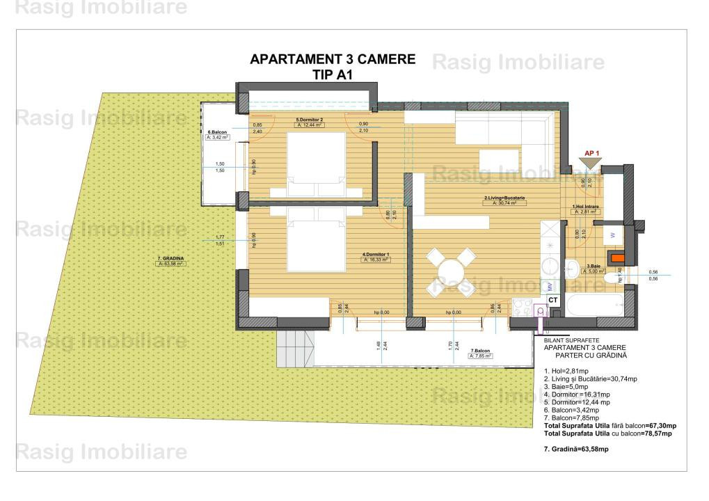  3 camere parter cu balcon si gradina ! 